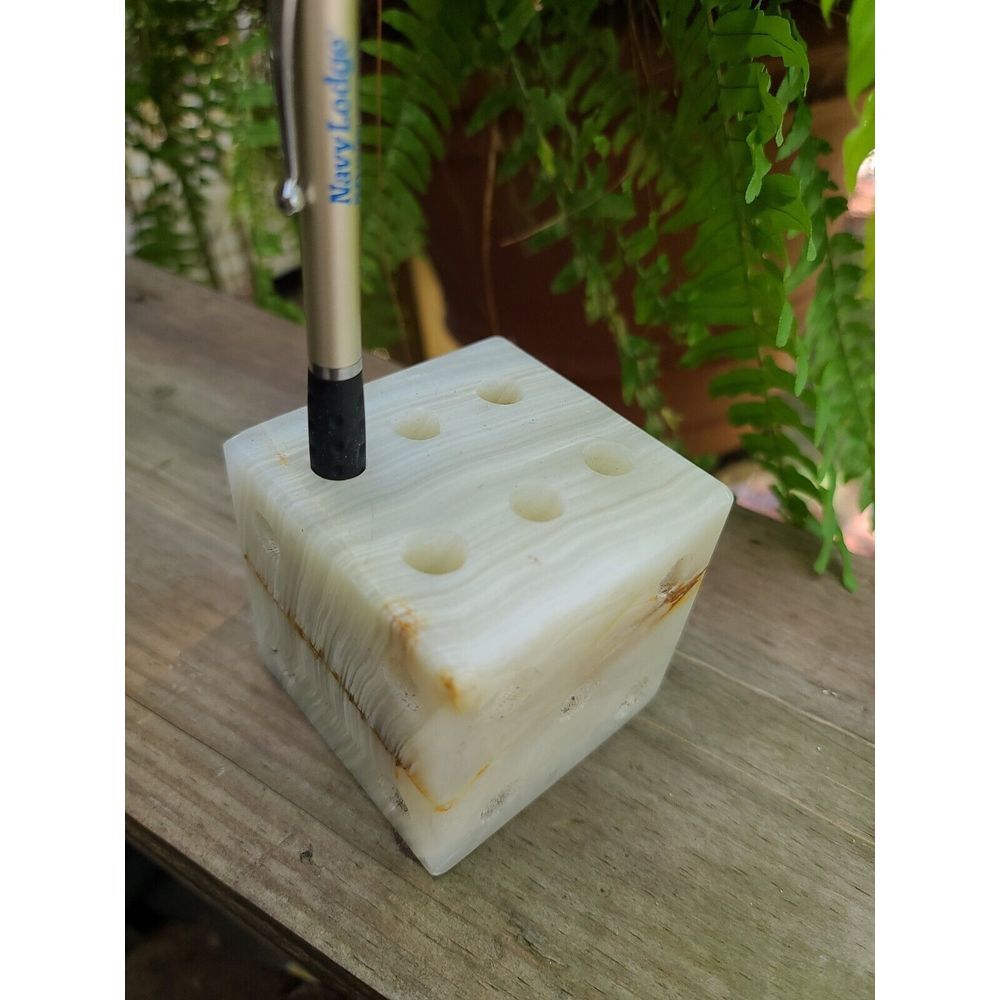 3" VTG Marble ONYX Dice Pen Holder‎ DESK Pencil MCM Holder Craps Shooter